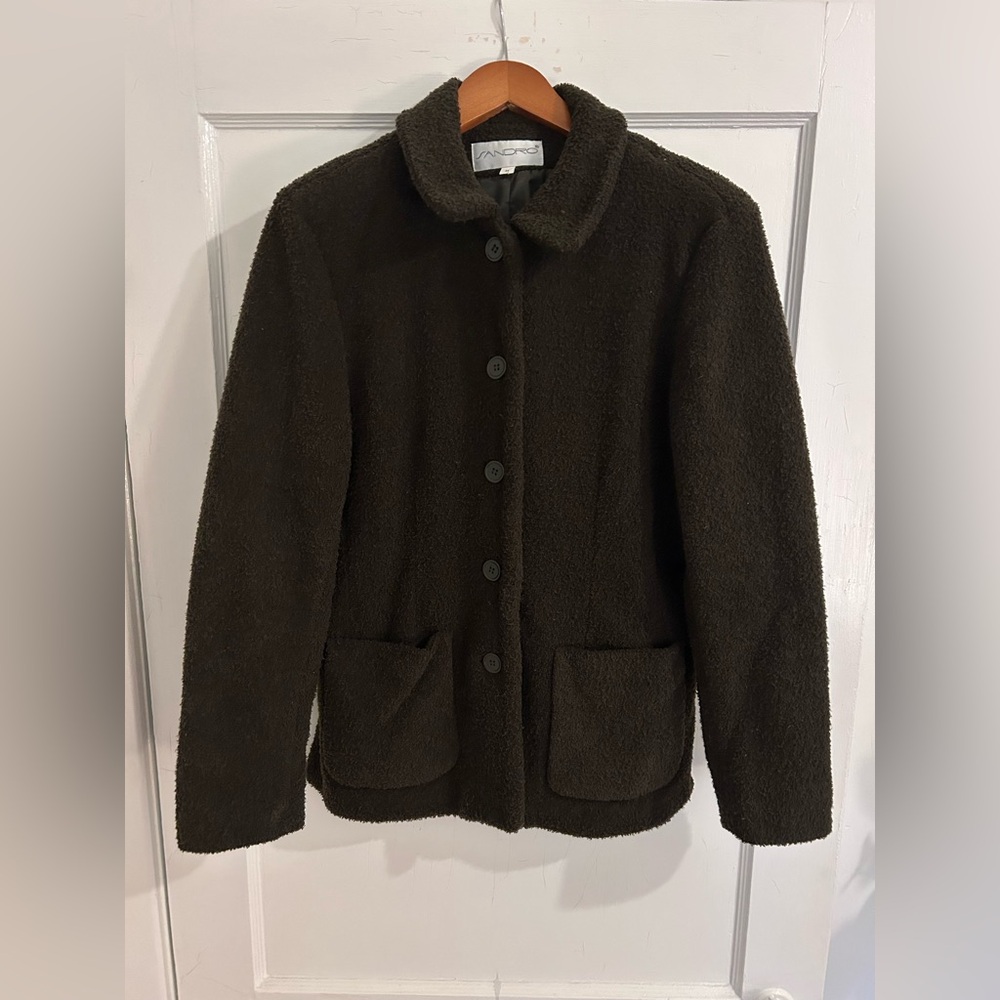 Sandro women’s medium dark olive green fuzzy fleece jacket with collar pockets
